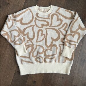 Altar’d State Heart Pattern Crew Neck Sweater - Cream and Tan Size Small